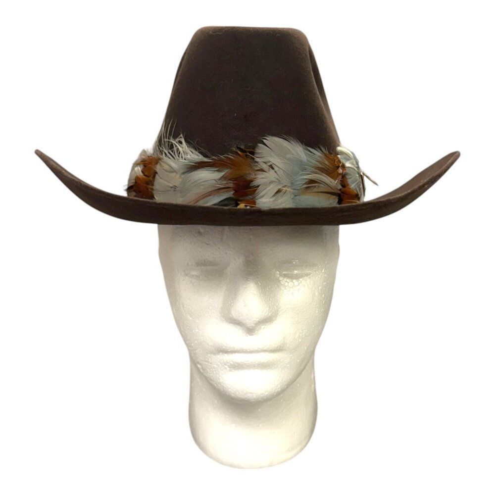 Vtg Beaver Brand Cowboy Hat Genuine Fur Felt Custom Made Size 7 Feather Band SEE
